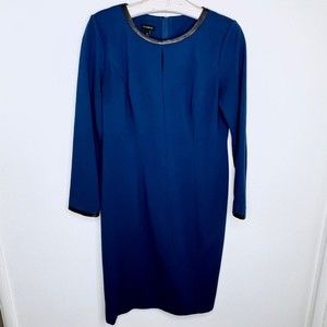 Talbots Women Long Sleeve Ponte Faux Leather Trim Sheath Dress Size 6 Blue Small